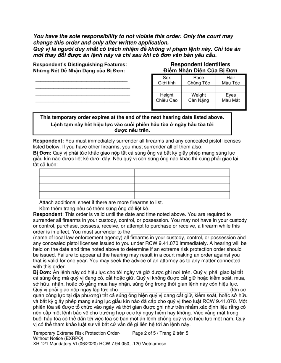 Form XR121 Temporary Extreme Risk Protection Order - Without Notice (Exrpo) - Washington (English / Vietnamese), Page 2