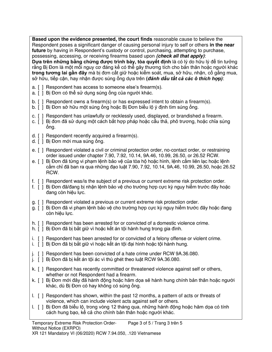 Form XR121 Temporary Extreme Risk Protection Order - Without Notice (Exrpo) - Washington (English / Vietnamese), Page 3