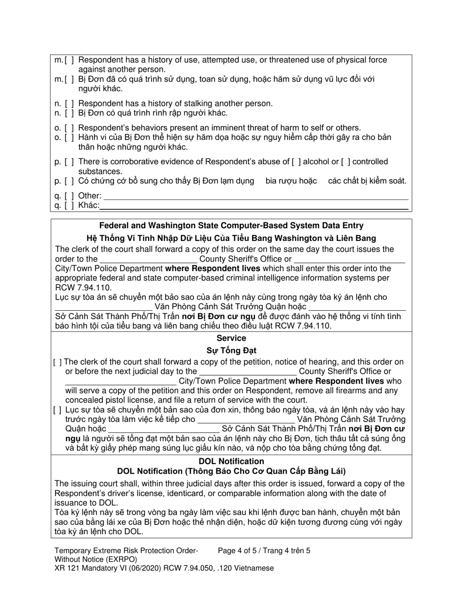 Form XR121 Temporary Extreme Risk Protection Order - Without Notice (Exrpo) - Washington (English / Vietnamese), Page 4