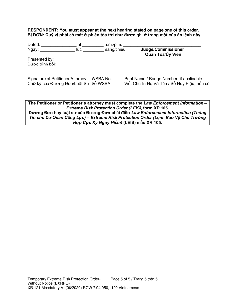 Form XR121 Temporary Extreme Risk Protection Order - Without Notice (Exrpo) - Washington (English / Vietnamese), Page 5