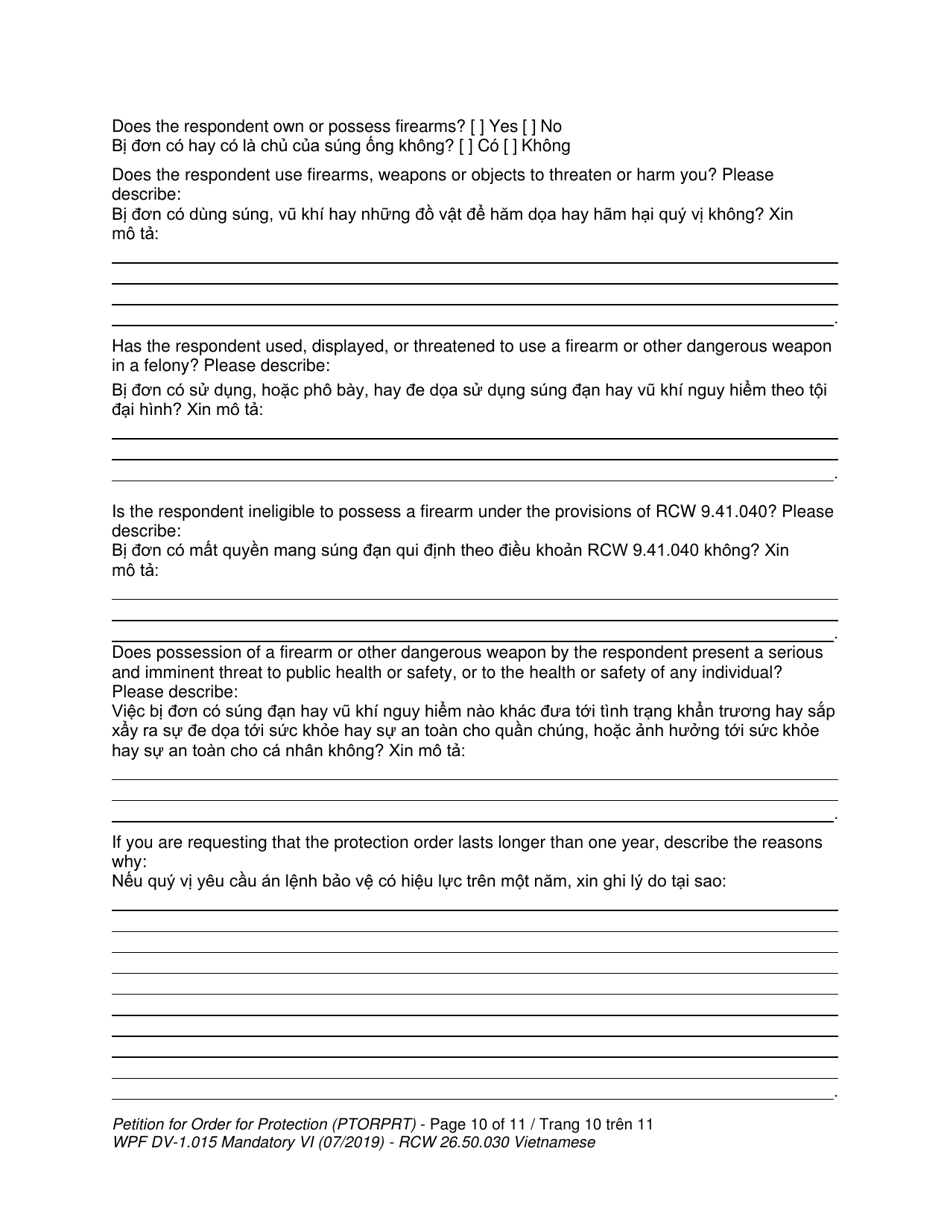 Form WPF DV-1.015 Petition for Order for Protection (Ptorprt) - Washington (English / Vietnamese), Page 10