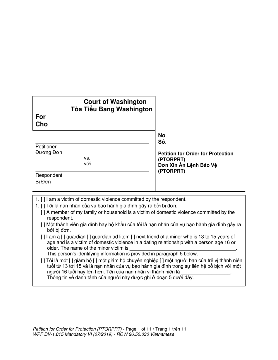 Form WPF DV-1.015 Petition for Order for Protection (Ptorprt) - Washington (English / Vietnamese), Page 1
