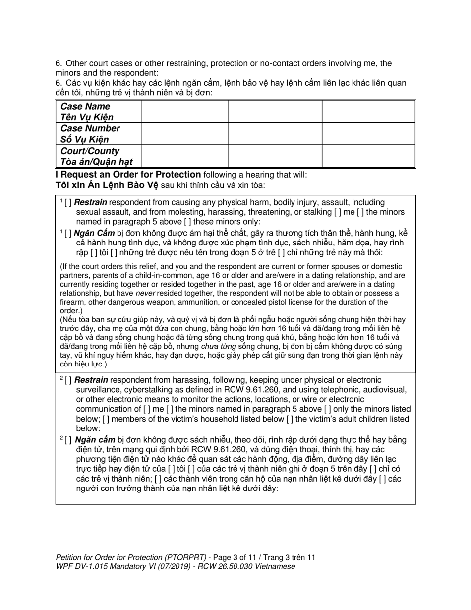 Form WPF DV-1.015 Petition for Order for Protection (Ptorprt) - Washington (English / Vietnamese), Page 3