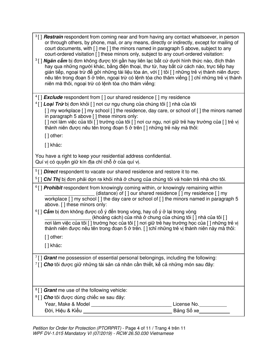 Form WPF DV-1.015 Petition for Order for Protection (Ptorprt) - Washington (English / Vietnamese), Page 4