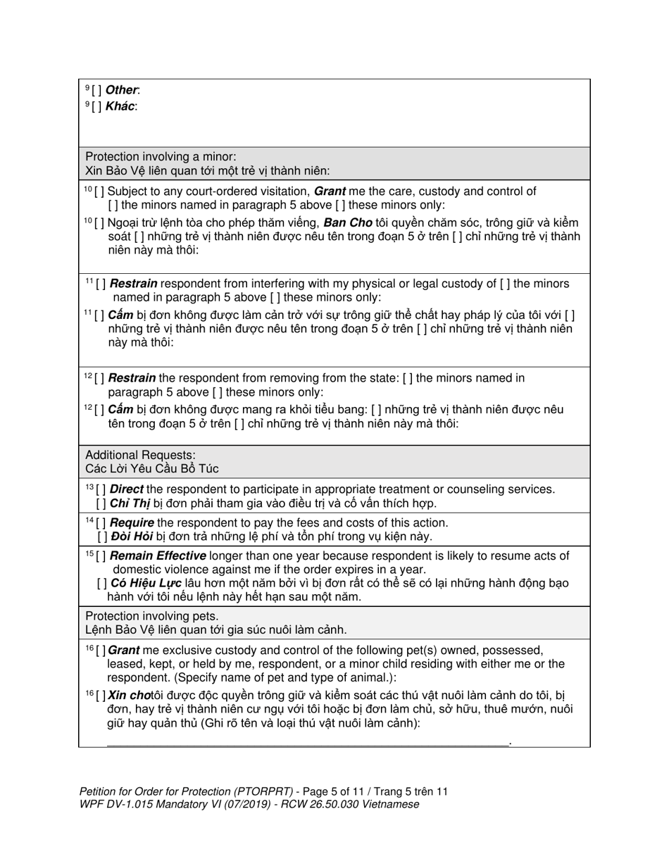 Form WPF DV-1.015 Petition for Order for Protection (Ptorprt) - Washington (English / Vietnamese), Page 5