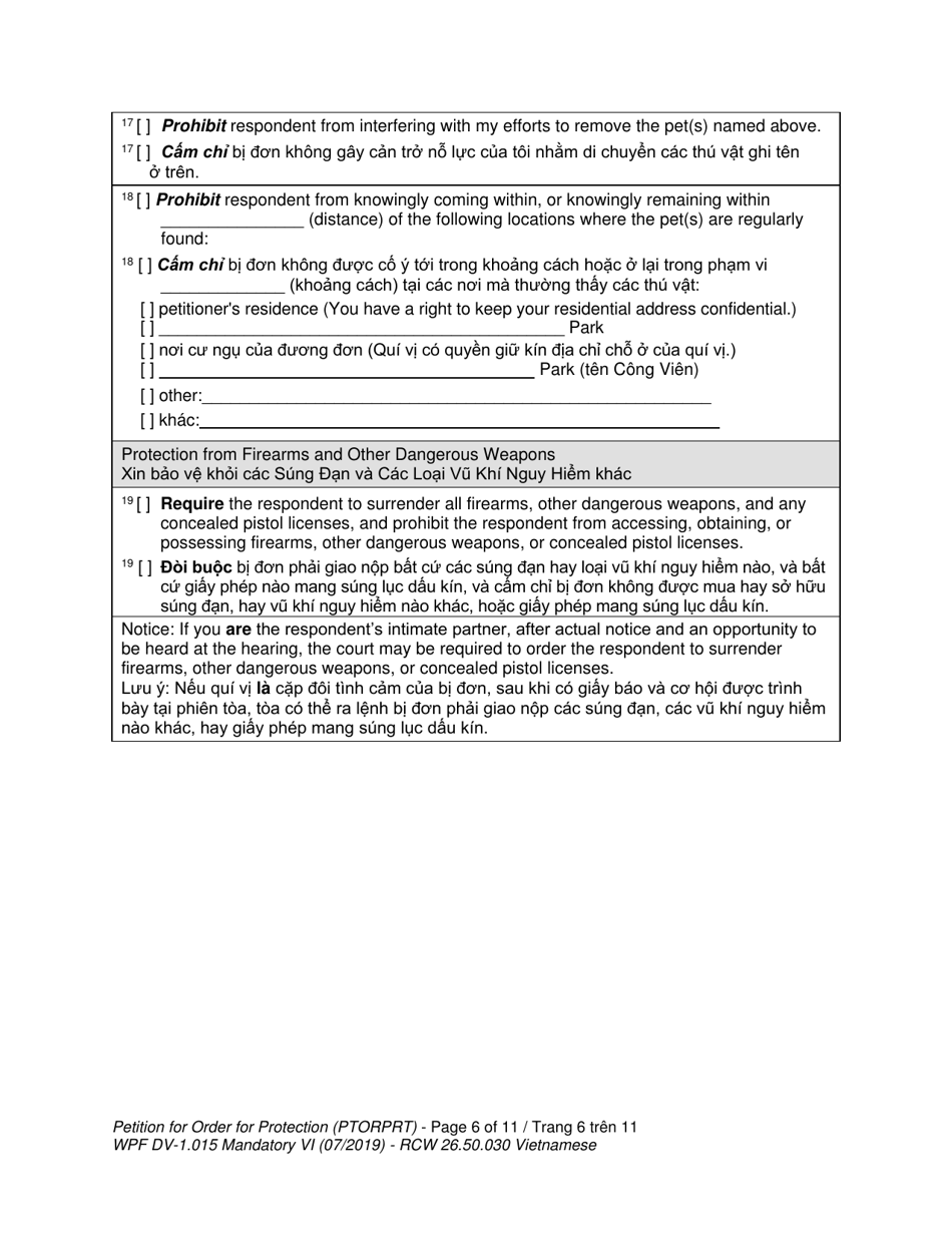 Form WPF DV-1.015 Petition for Order for Protection (Ptorprt) - Washington (English / Vietnamese), Page 6
