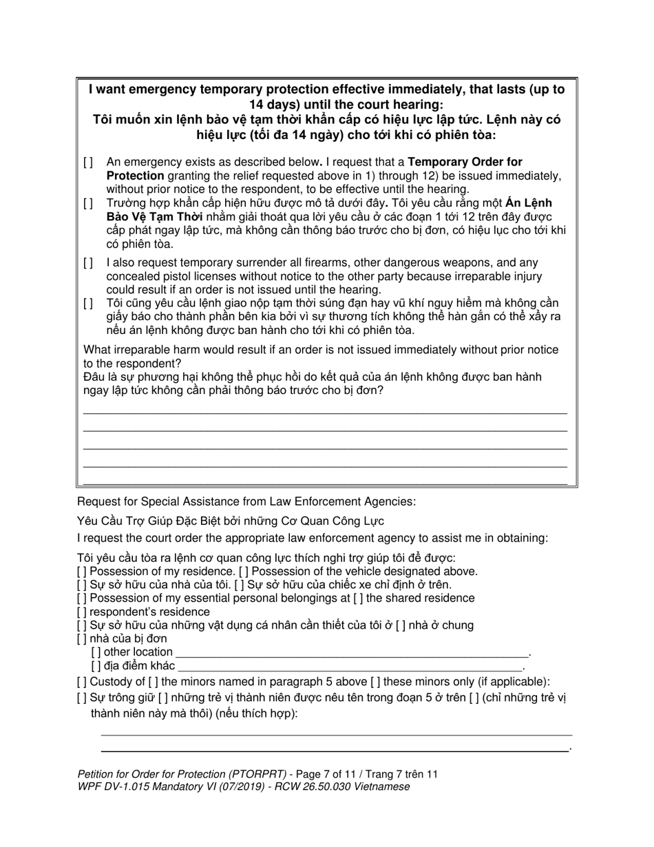 Form WPF DV-1.015 Petition for Order for Protection (Ptorprt) - Washington (English / Vietnamese), Page 7