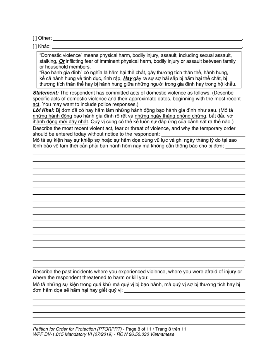 Form WPF DV-1.015 Petition for Order for Protection (Ptorprt) - Washington (English / Vietnamese), Page 8