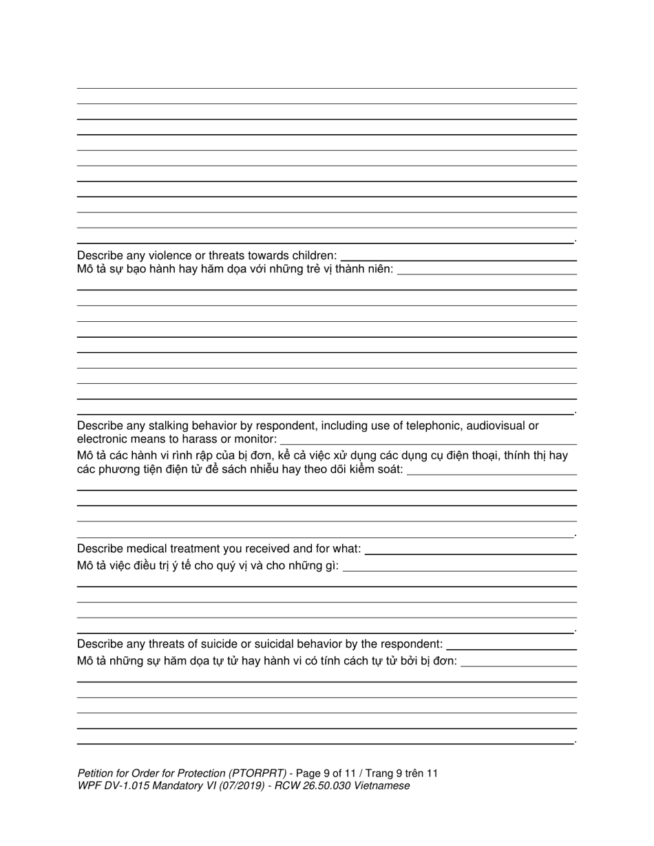 Form WPF DV-1.015 Petition for Order for Protection (Ptorprt) - Washington (English / Vietnamese), Page 9