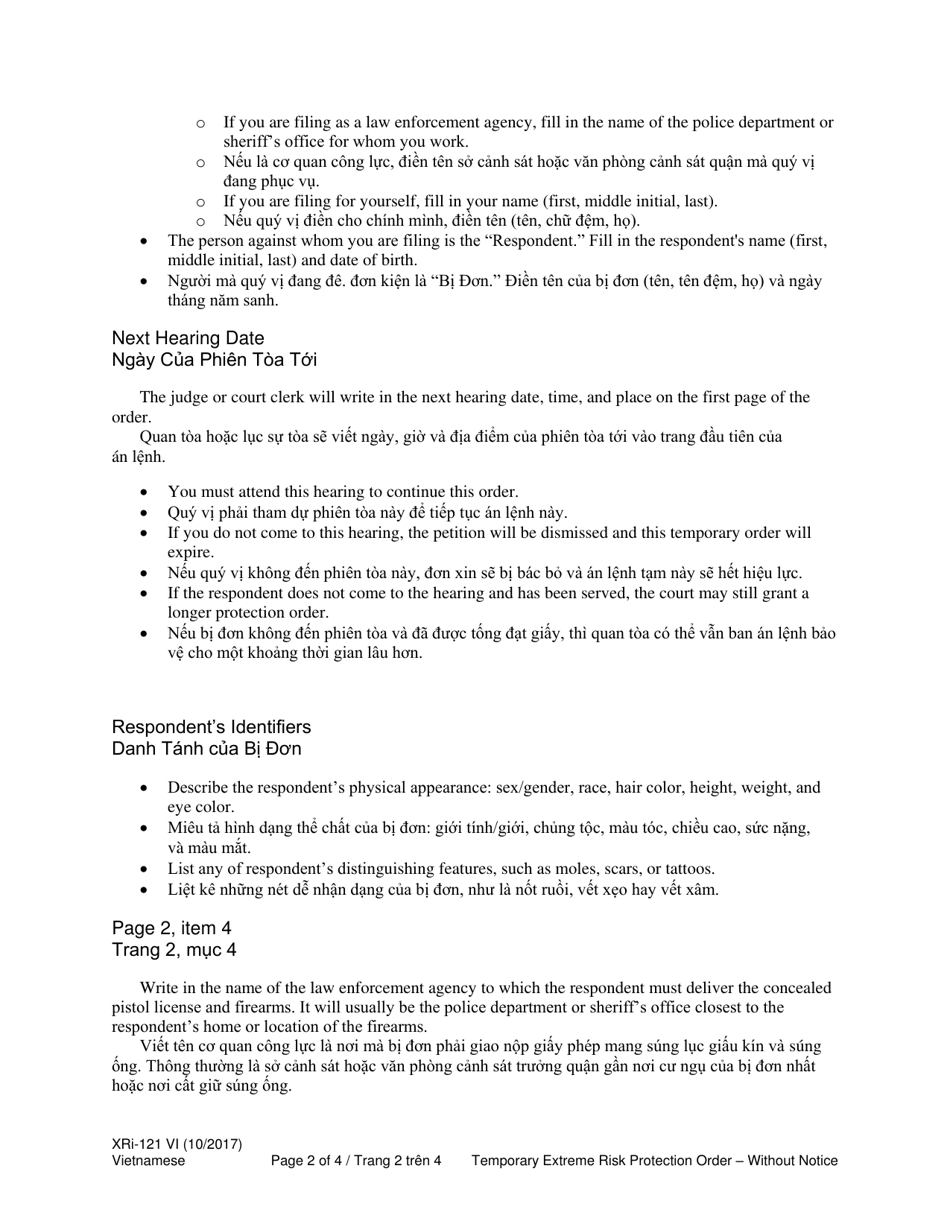 Instructions for Form XR121 Temporary Extreme Risk Protection Order - Without Notice (Exrpo) - Washington (English / Vietnamese), Page 2