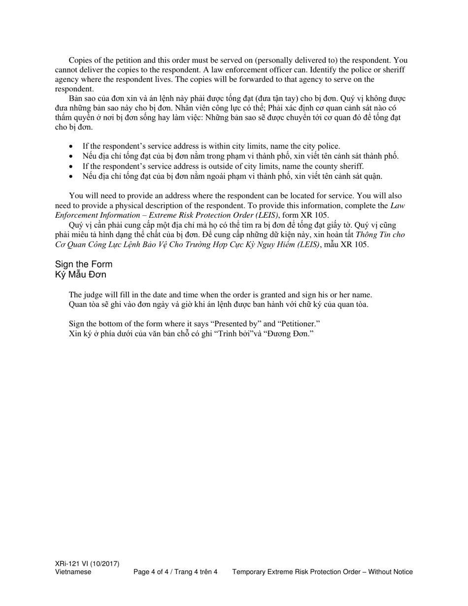 Instructions for Form XR121 Temporary Extreme Risk Protection Order - Without Notice (Exrpo) - Washington (English / Vietnamese), Page 4