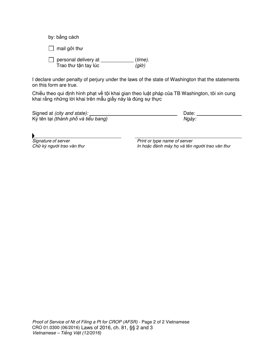 Form CRO01.0300 Proof of Service of Notice of Filing a Petition for Certificate of Restoration of Opportunity (Afsr) - Washington (English / Vietnamese), Page 2