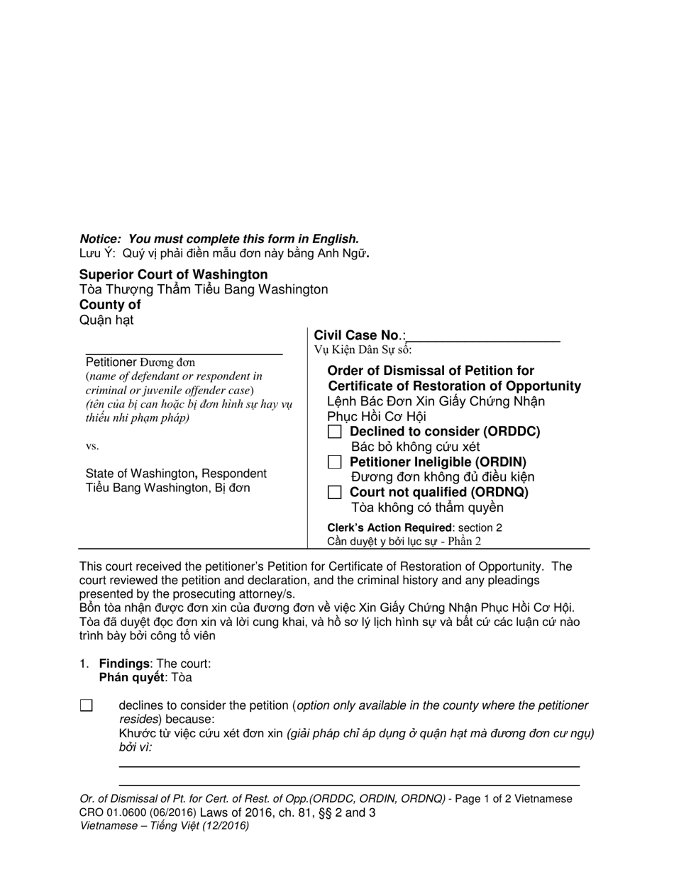 Form CRO01.0600 Order of Dismissal of Petition for Certificate of Restoration of Opportunity - Washington (English / Vietnamese), Page 1