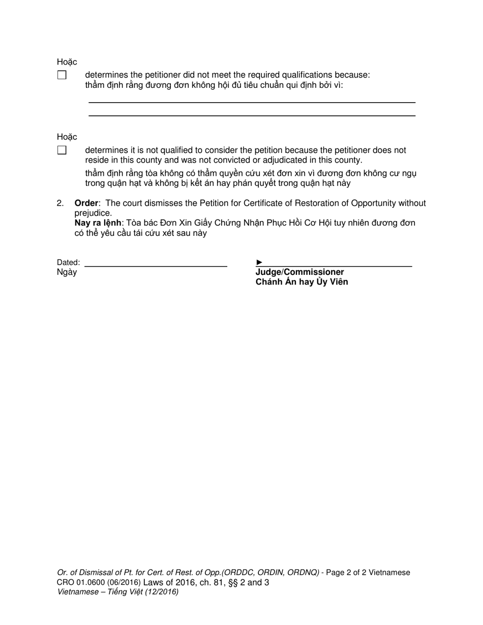 Form CRO01.0600 Order of Dismissal of Petition for Certificate of Restoration of Opportunity - Washington (English / Vietnamese), Page 2