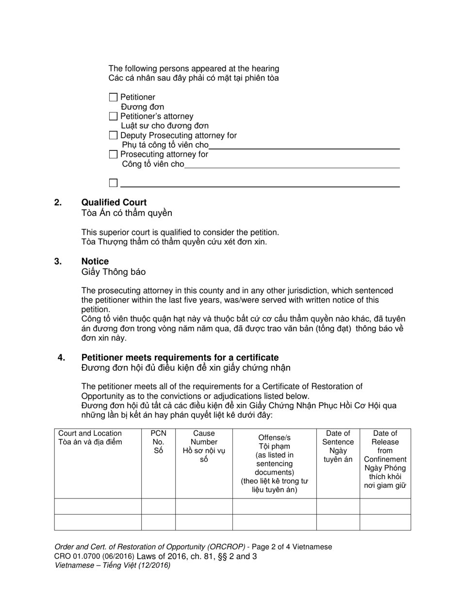 Form CRO01.0700 Order and Certificate of Restoration of Opportunity - Washington (English / Vietnamese), Page 2