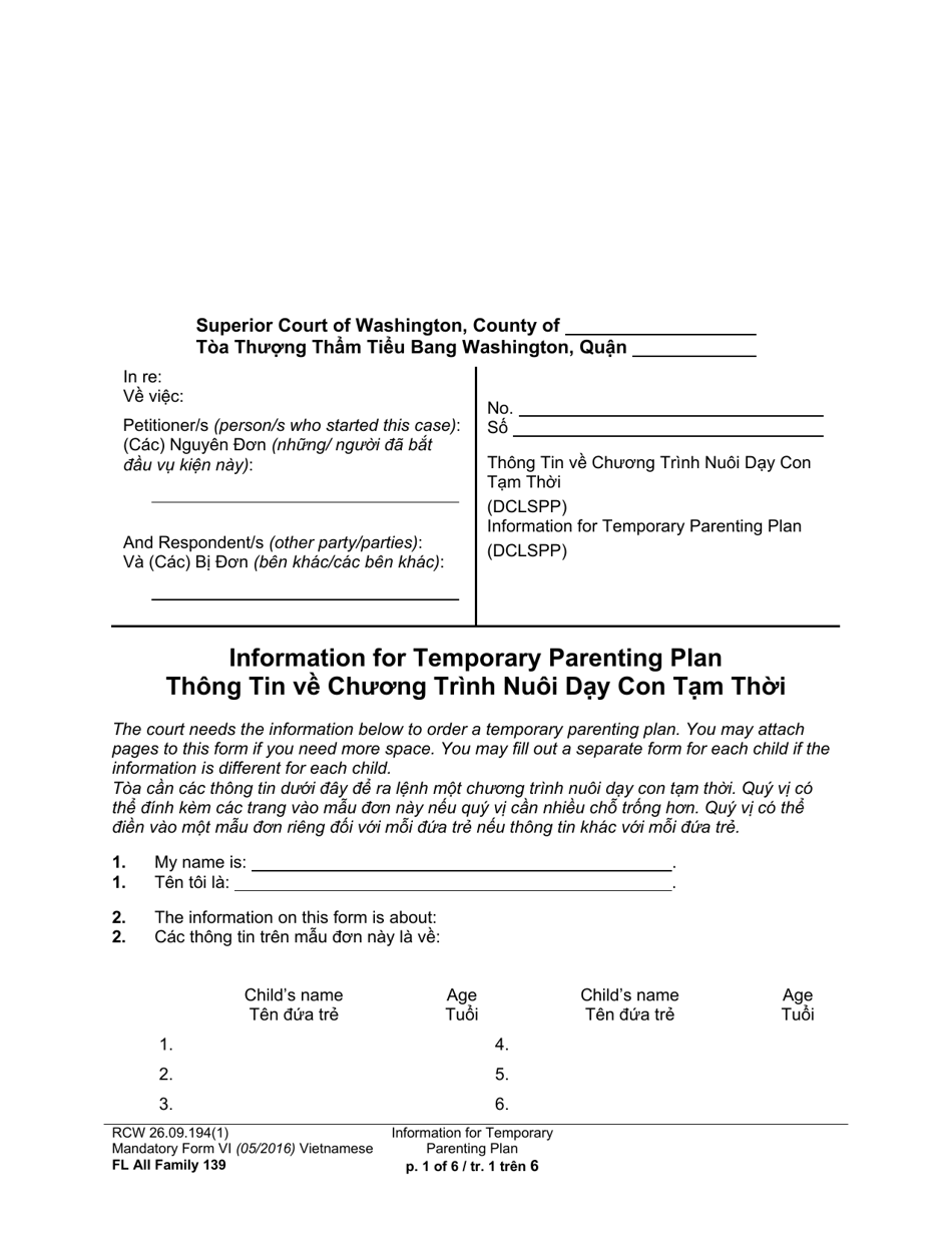 Form FL All Family139 Information for Temporary Parenting Plan - Washington (English / Vietnamese), Page 1