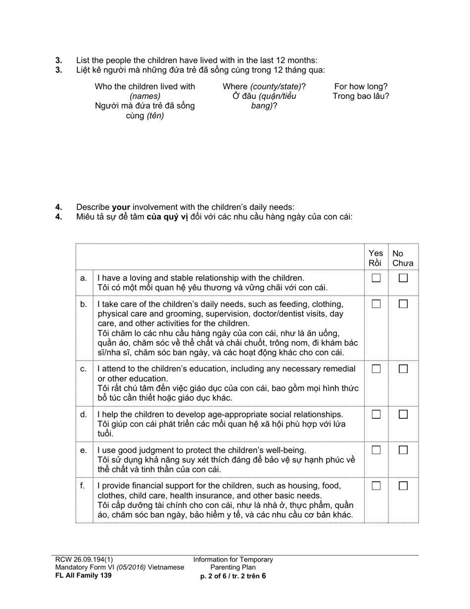 Form FL All Family139 Information for Temporary Parenting Plan - Washington (English / Vietnamese), Page 2