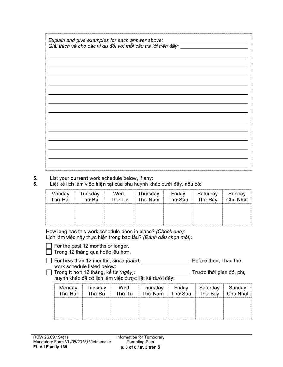 Form FL All Family139 Information for Temporary Parenting Plan - Washington (English / Vietnamese), Page 3