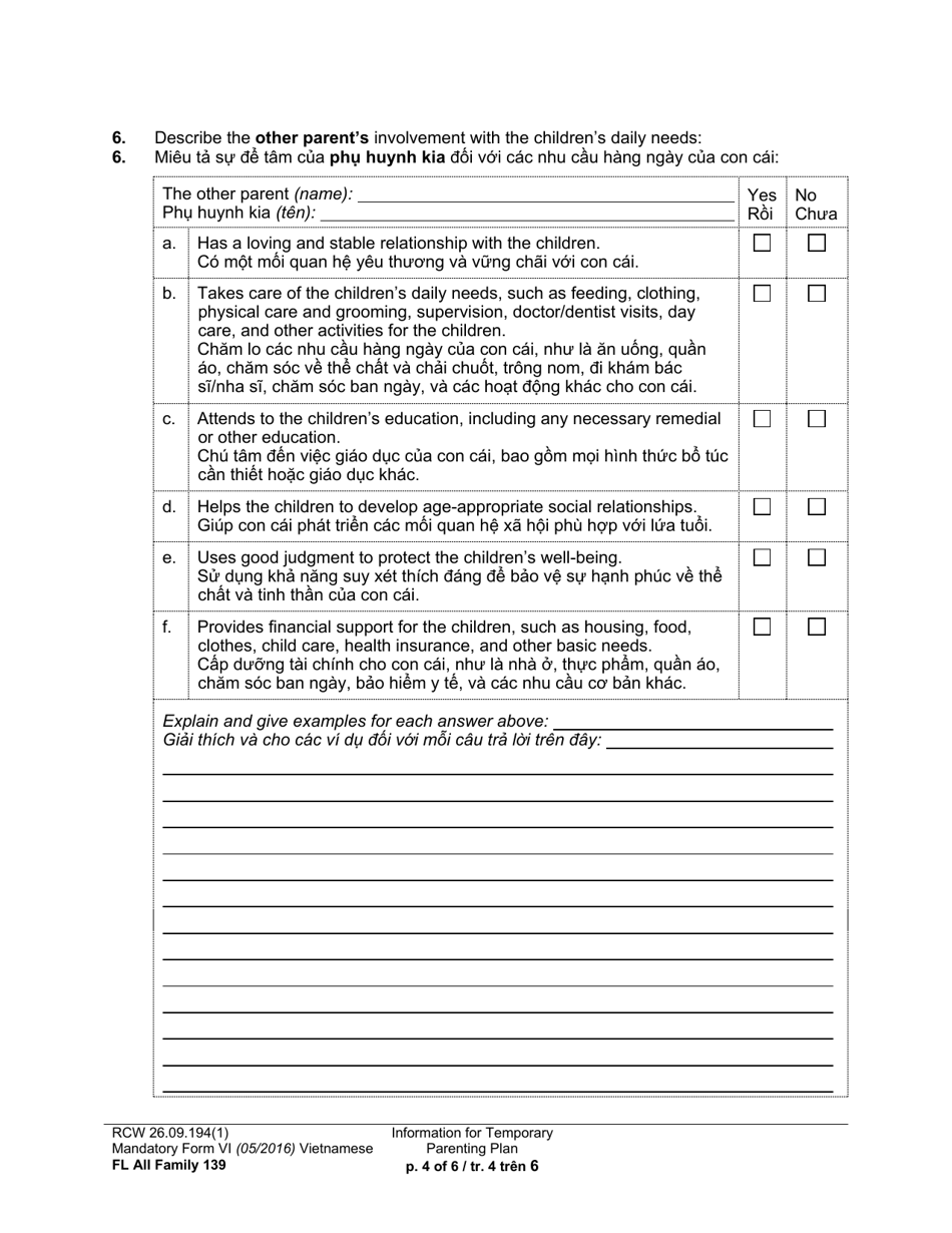 Form FL All Family139 Information for Temporary Parenting Plan - Washington (English / Vietnamese), Page 4