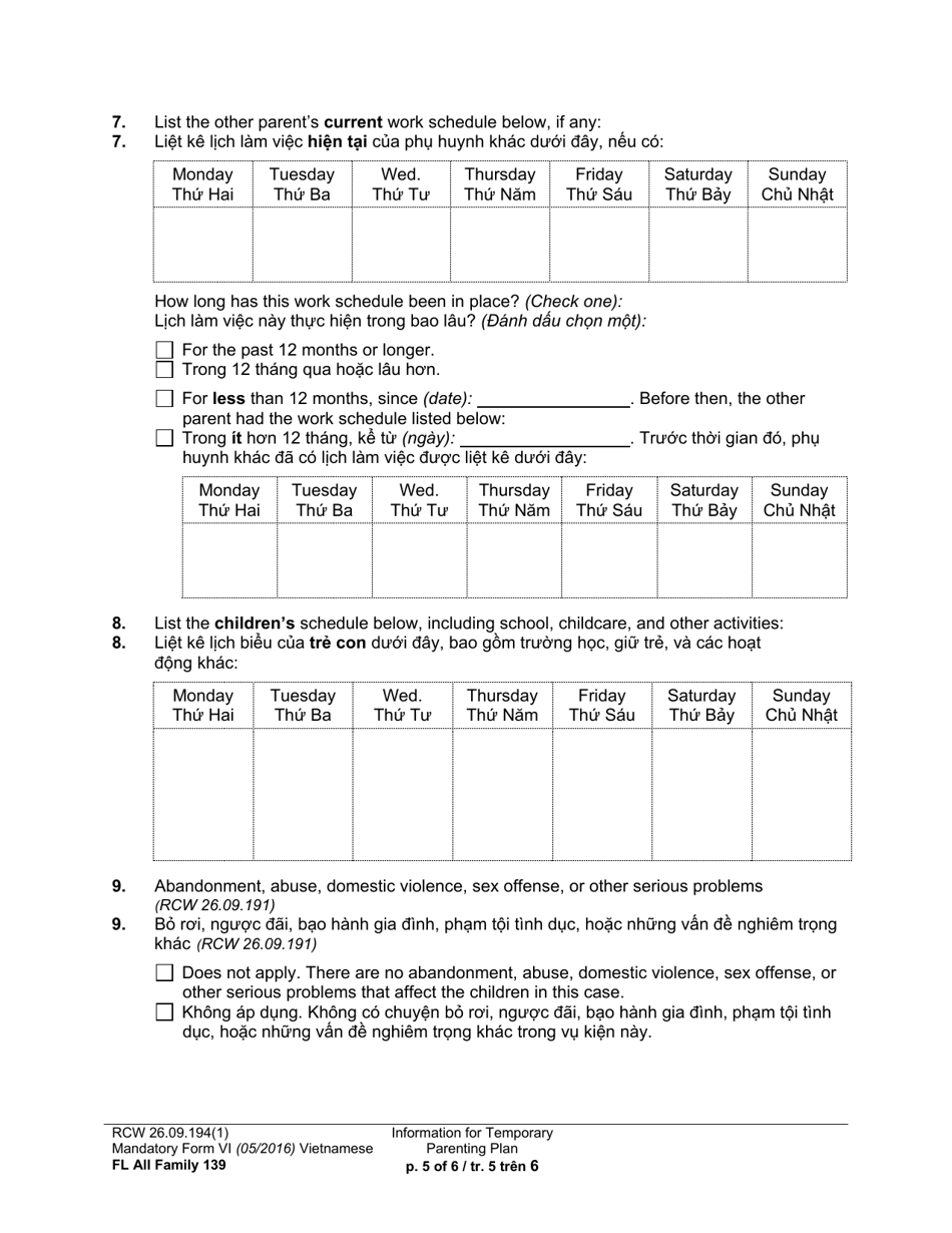 Form FL All Family139 Information for Temporary Parenting Plan - Washington (English / Vietnamese), Page 5
