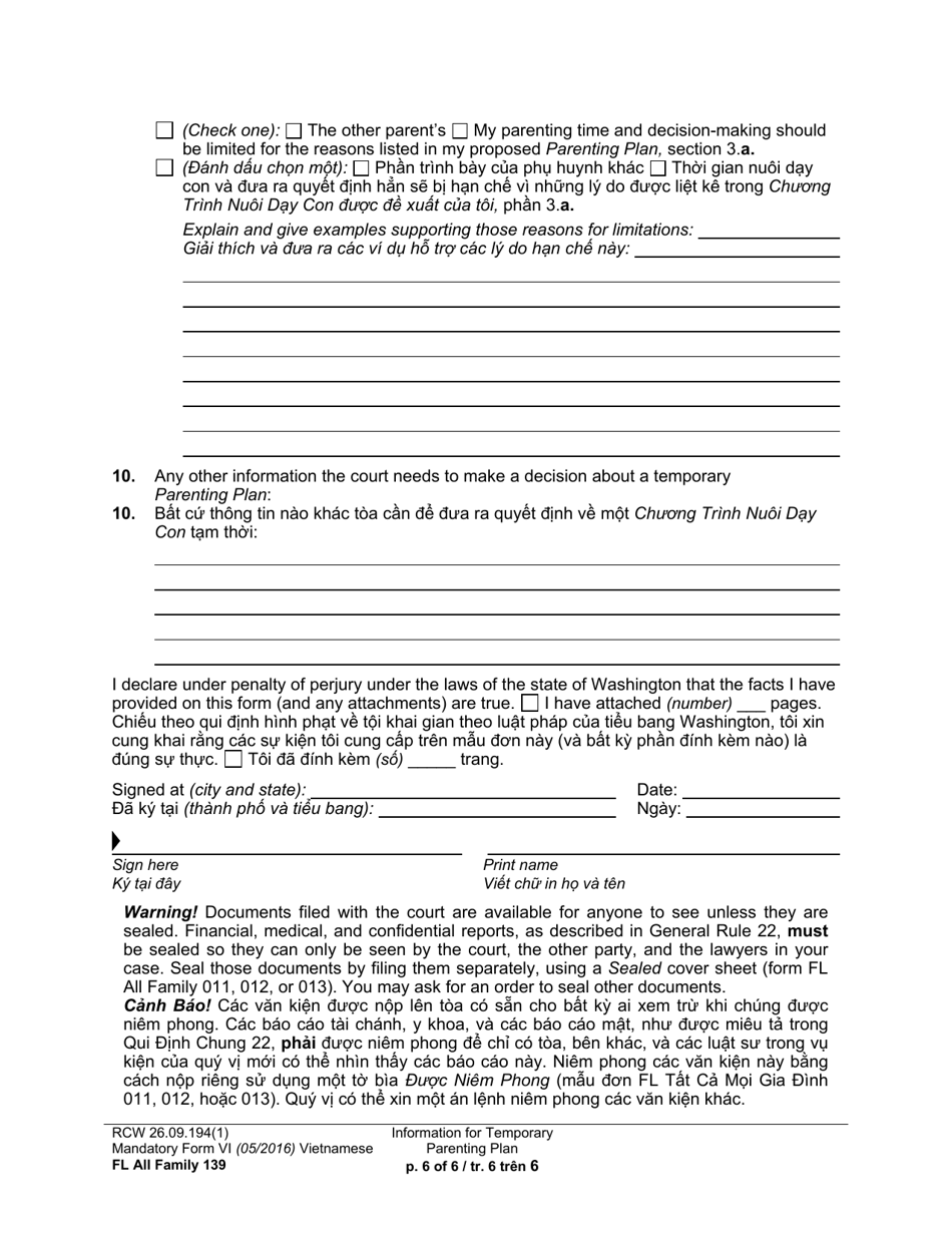 Form FL All Family139 Information for Temporary Parenting Plan - Washington (English / Vietnamese), Page 6