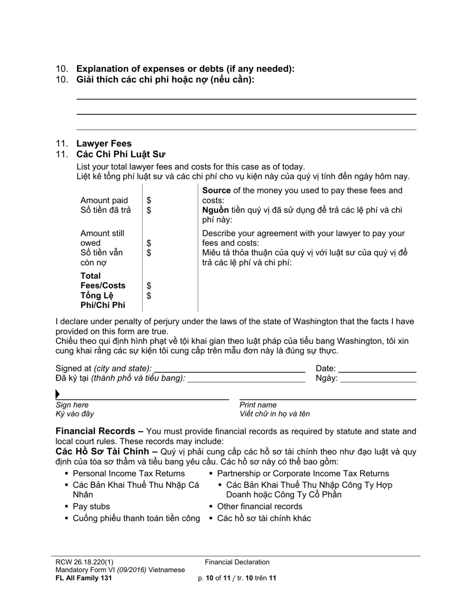 Form FL All Family131 Financial Declaration - Washington (English / Vietnamese), Page 10