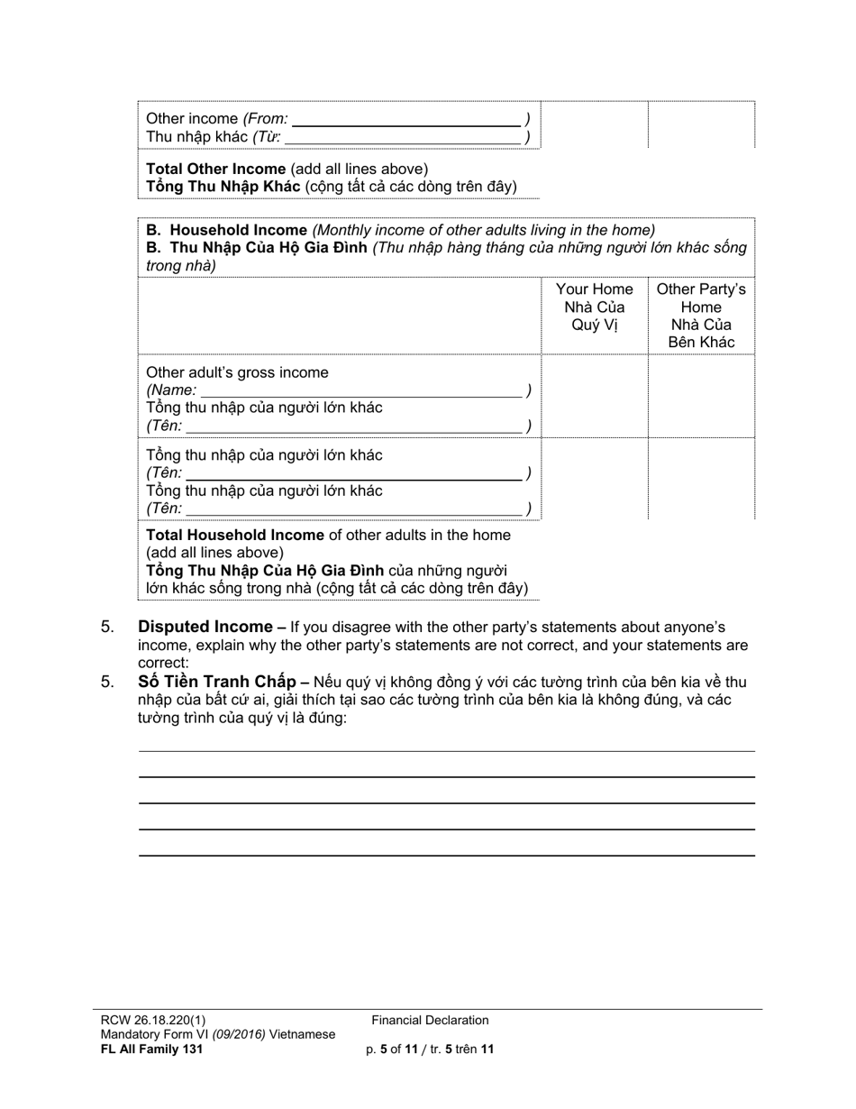 Form FL All Family131 Financial Declaration - Washington (English / Vietnamese), Page 5
