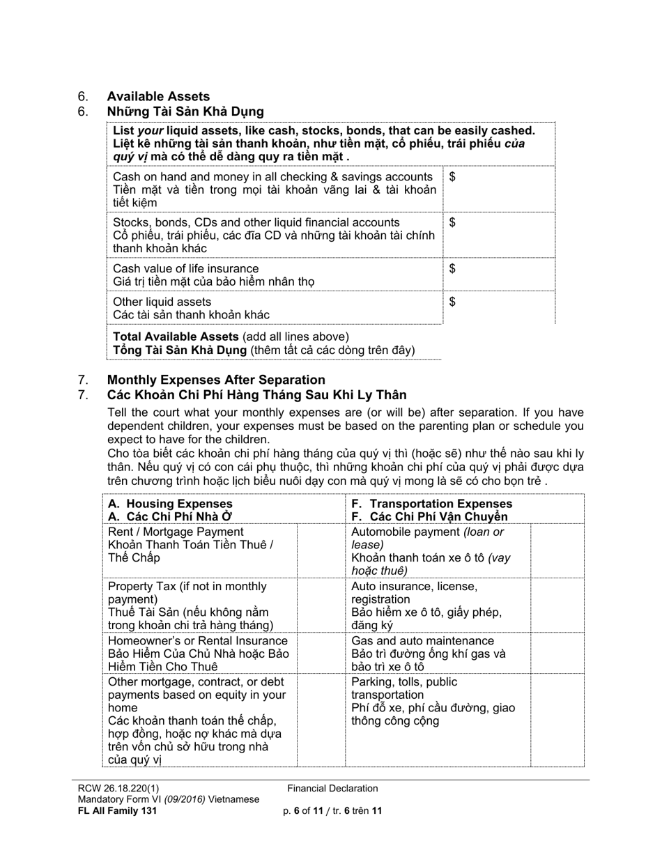 Form FL All Family131 Financial Declaration - Washington (English / Vietnamese), Page 6