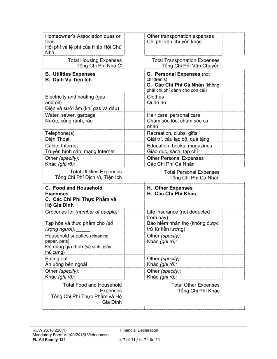 Form FL All Family131 Financial Declaration - Washington (English / Vietnamese), Page 7