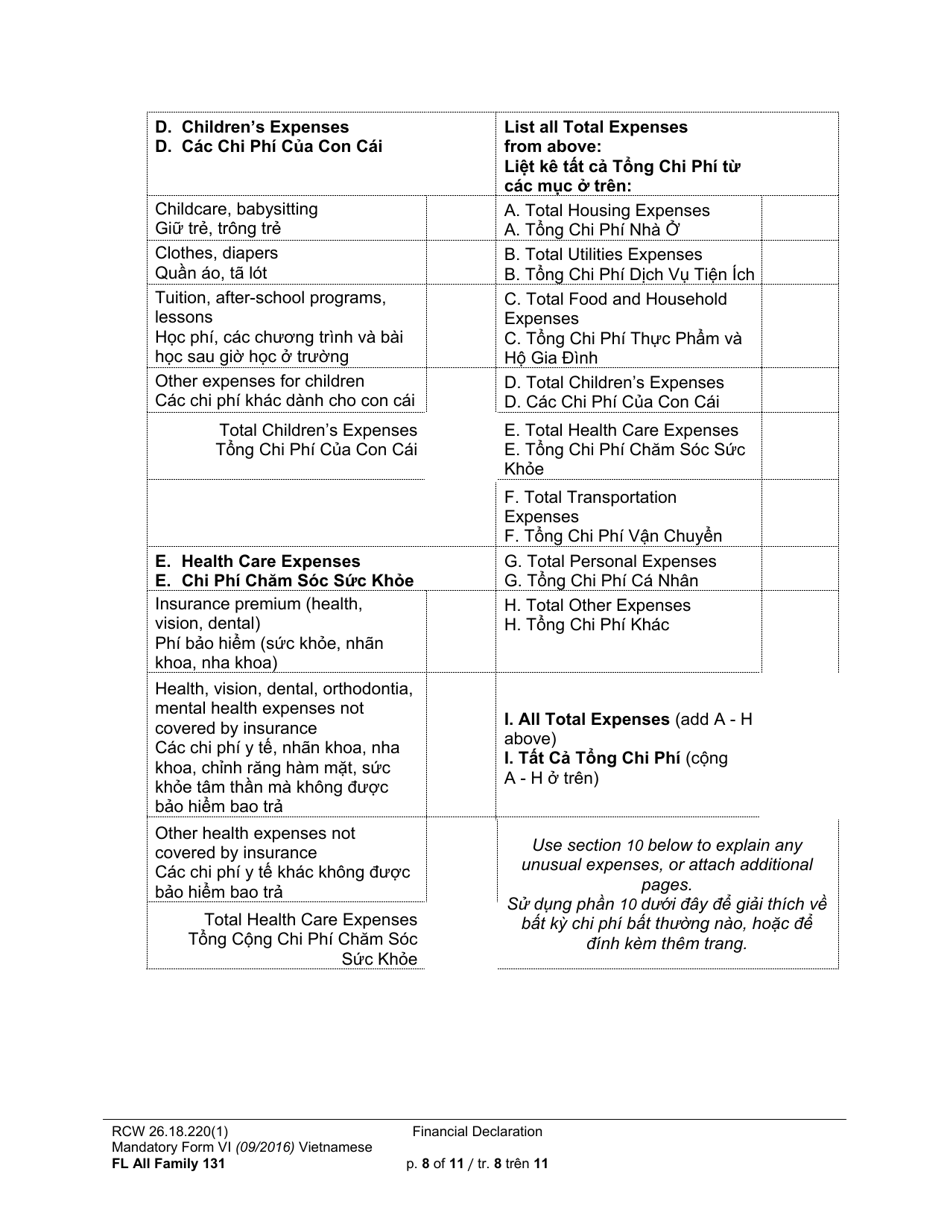 Form FL All Family131 Financial Declaration - Washington (English / Vietnamese), Page 8