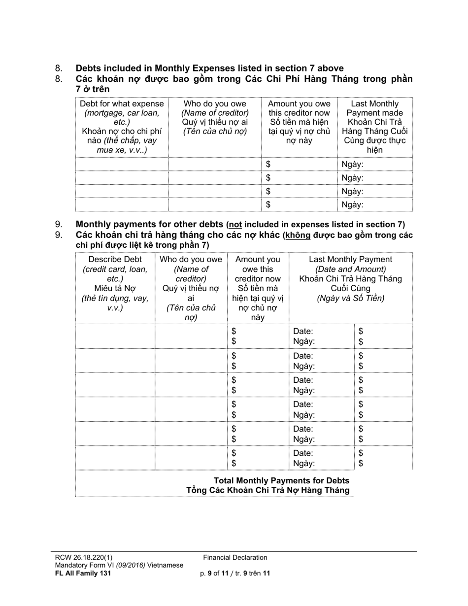 Form FL All Family131 Financial Declaration - Washington (English / Vietnamese), Page 9
