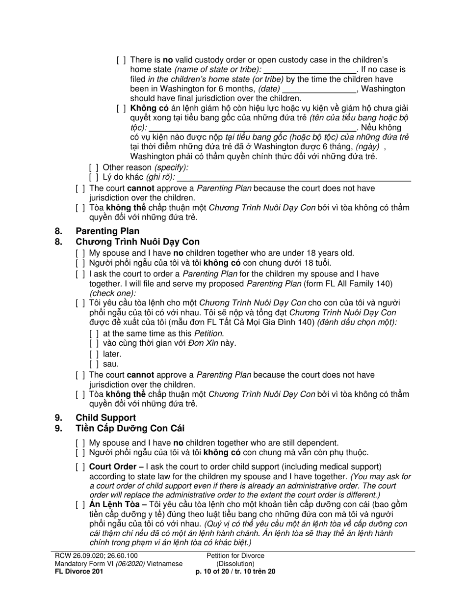 Form FL Divorce201 Petition for Divorce (Dissolution) - Washington (English / Vietnamese), Page 10