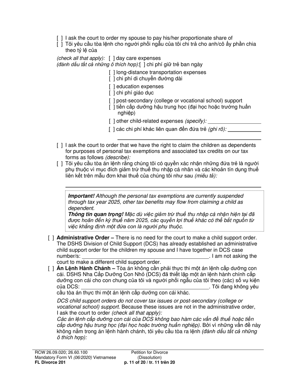 Form FL Divorce201 Petition for Divorce (Dissolution) - Washington (English / Vietnamese), Page 11