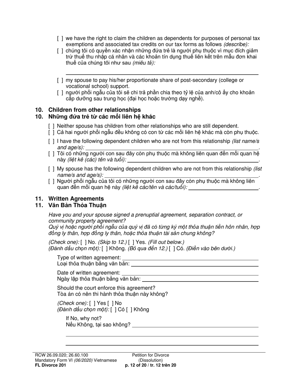 Form FL Divorce201 Petition for Divorce (Dissolution) - Washington (English / Vietnamese), Page 12