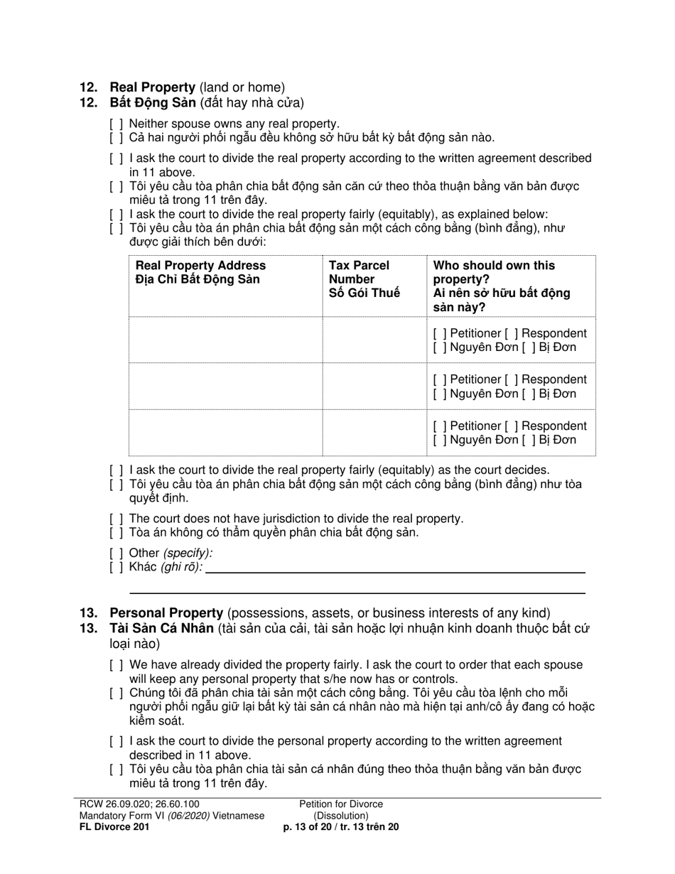 Form FL Divorce201 Petition for Divorce (Dissolution) - Washington (English / Vietnamese), Page 13