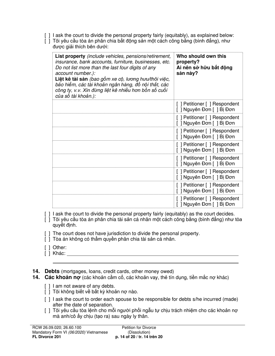 Form FL Divorce201 Petition for Divorce (Dissolution) - Washington (English / Vietnamese), Page 14