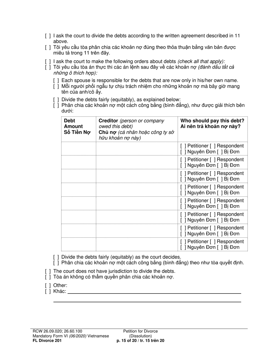 Form FL Divorce201 Petition for Divorce (Dissolution) - Washington (English / Vietnamese), Page 15