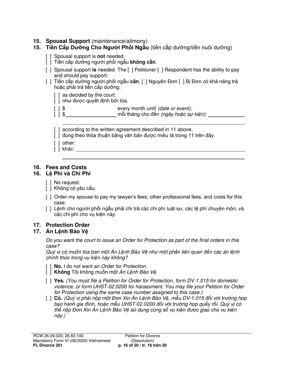 Form FL Divorce201 Petition for Divorce (Dissolution) - Washington (English / Vietnamese), Page 16