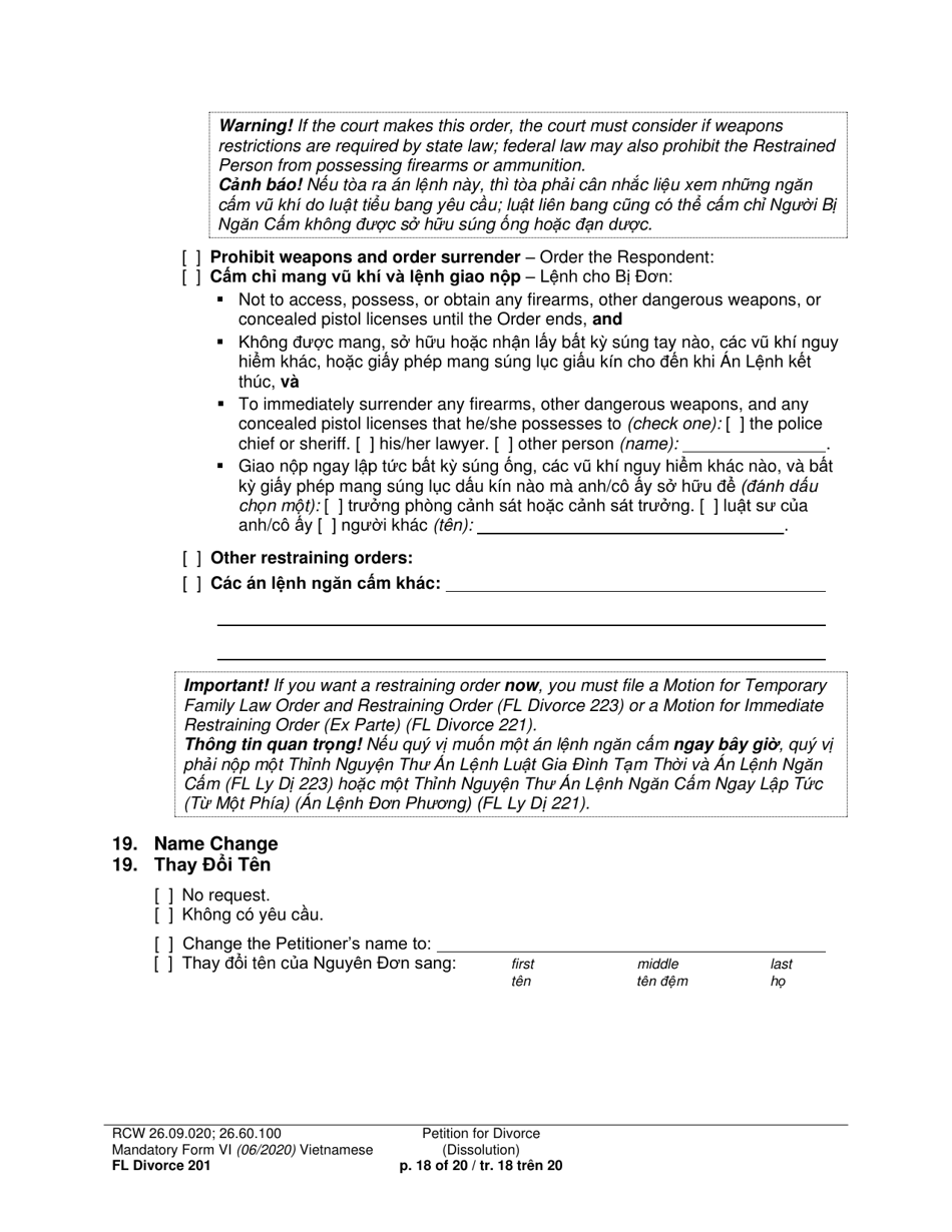 Form FL Divorce201 Petition for Divorce (Dissolution) - Washington (English / Vietnamese), Page 18
