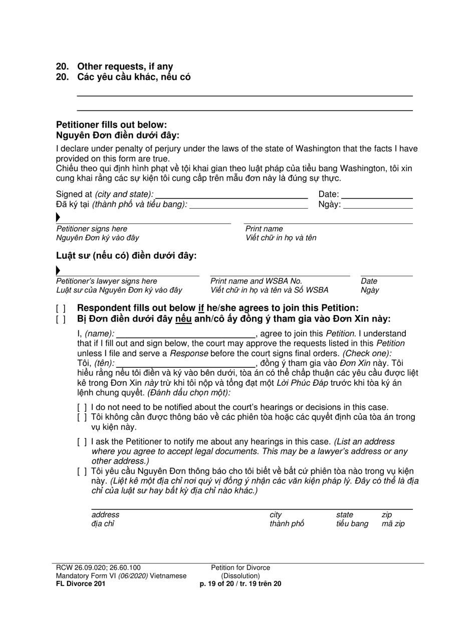 Form FL Divorce201 Petition for Divorce (Dissolution) - Washington (English / Vietnamese), Page 19