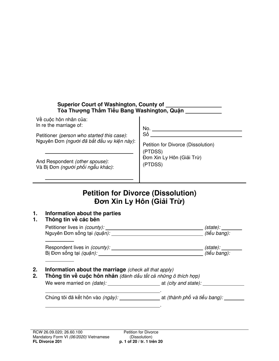 Form FL Divorce201 Petition for Divorce (Dissolution) - Washington (English / Vietnamese), Page 1