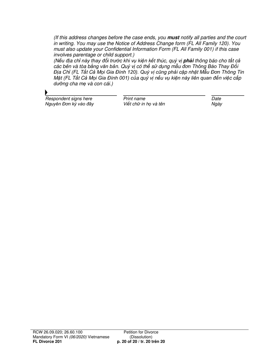 Form FL Divorce201 Petition for Divorce (Dissolution) - Washington (English / Vietnamese), Page 20