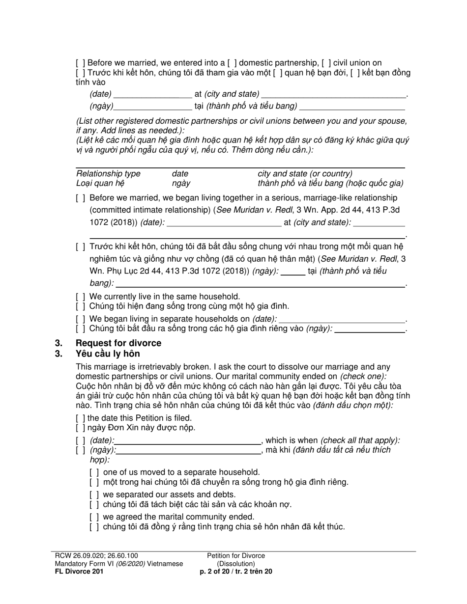Form FL Divorce201 Petition for Divorce (Dissolution) - Washington (English / Vietnamese), Page 2
