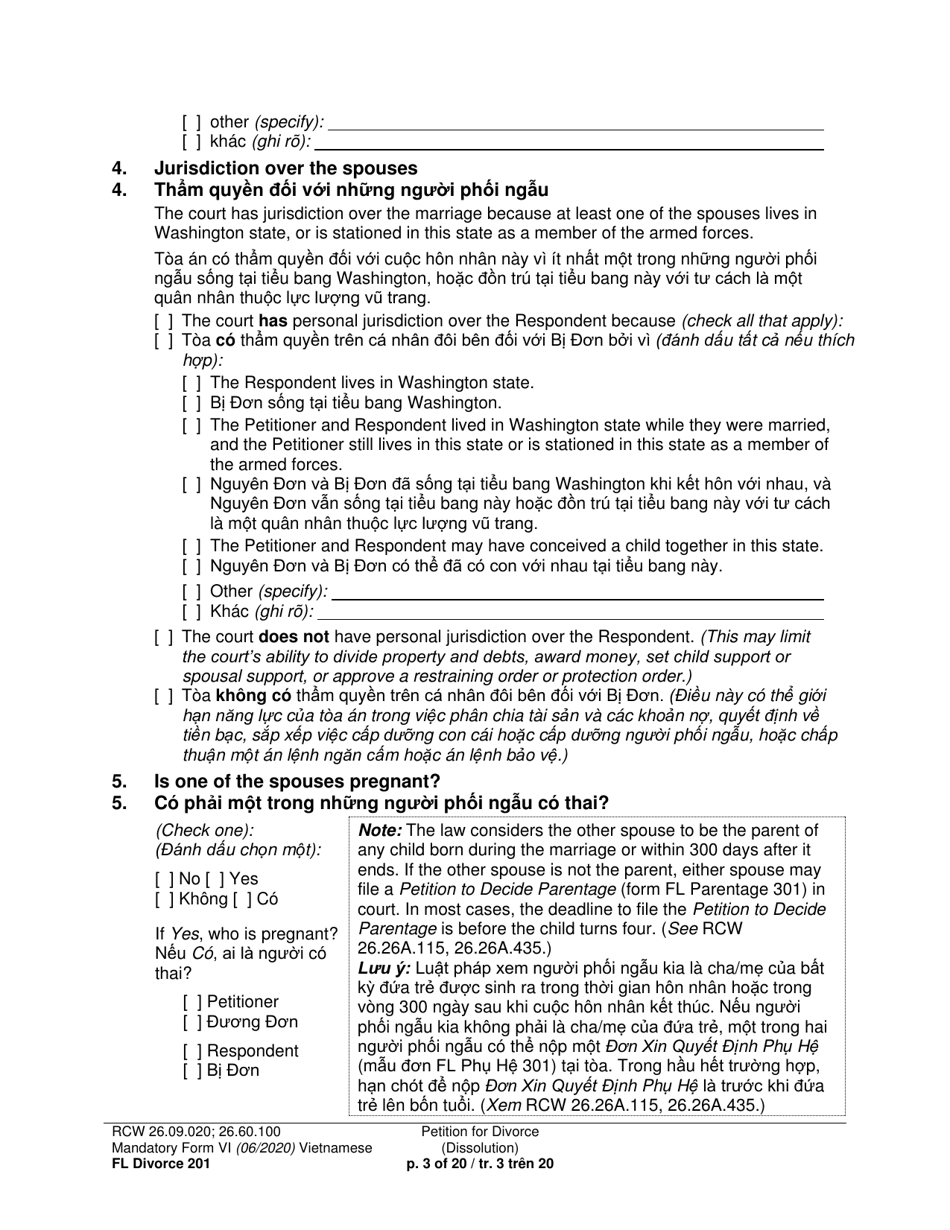 Form FL Divorce201 Petition for Divorce (Dissolution) - Washington (English / Vietnamese), Page 3