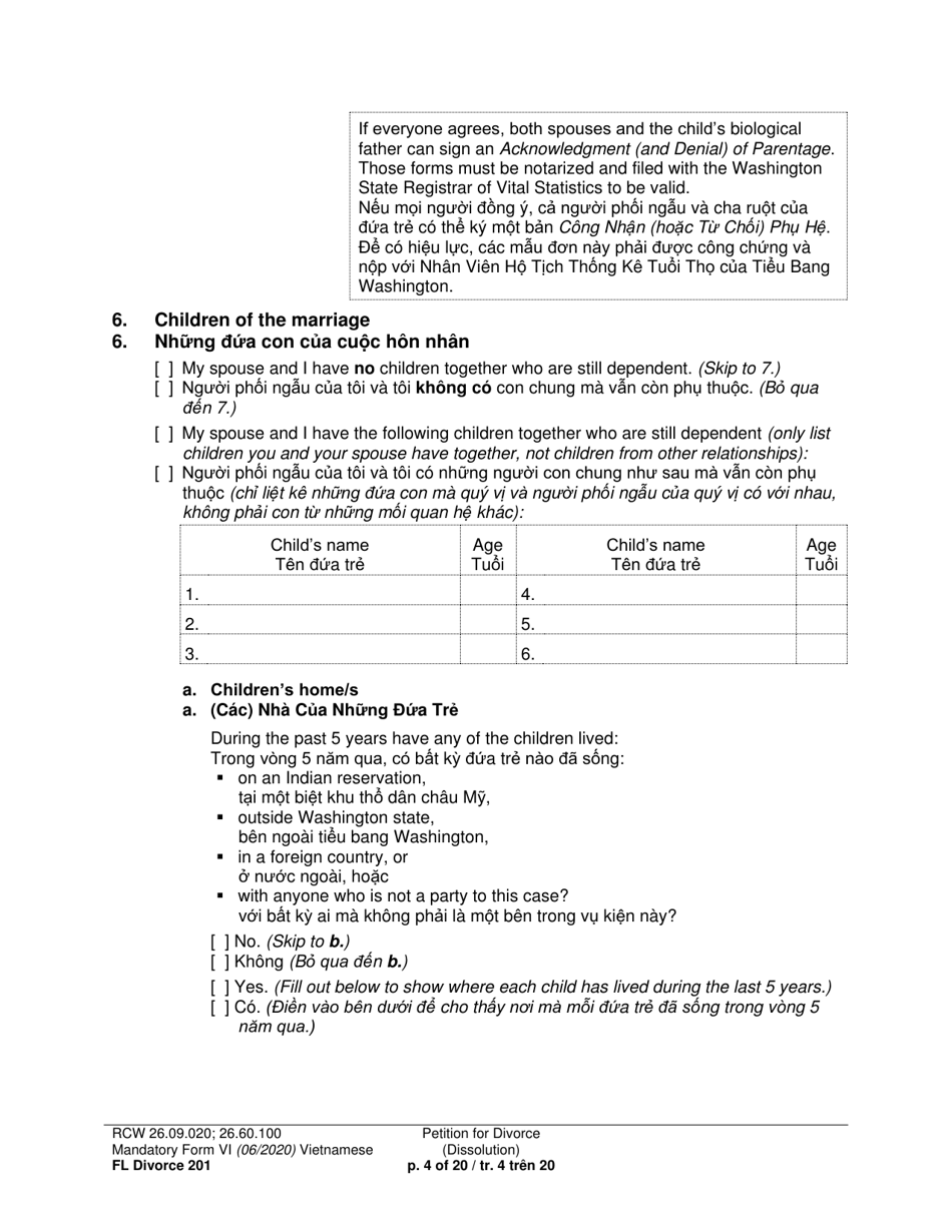 Form FL Divorce201 Petition for Divorce (Dissolution) - Washington (English / Vietnamese), Page 4