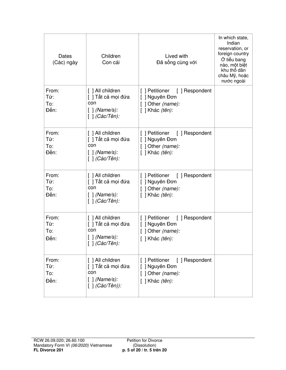 Form FL Divorce201 Petition for Divorce (Dissolution) - Washington (English / Vietnamese), Page 5