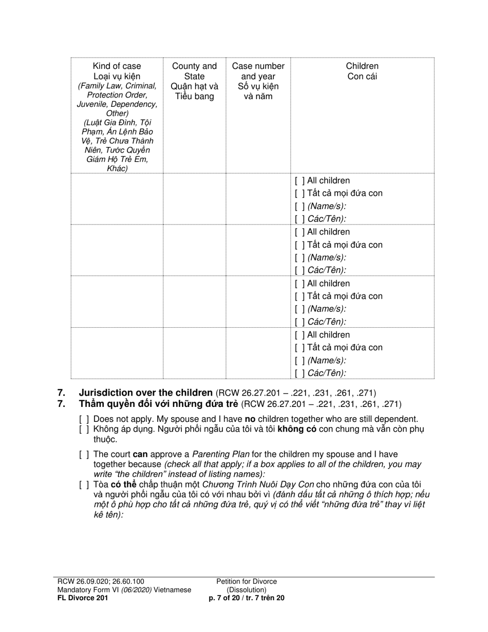 Form FL Divorce201 Petition for Divorce (Dissolution) - Washington (English / Vietnamese), Page 7