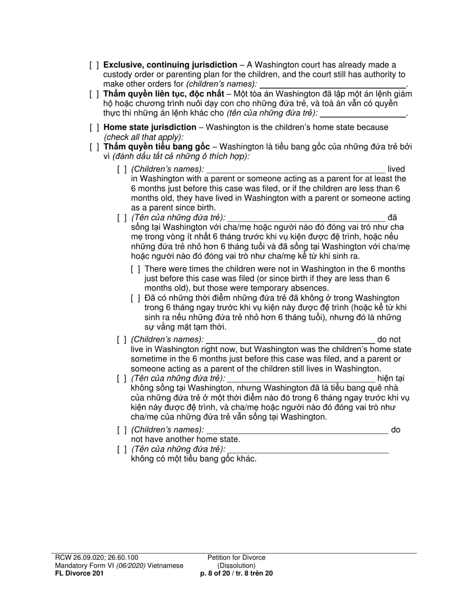 Form FL Divorce201 Petition for Divorce (Dissolution) - Washington (English / Vietnamese), Page 8