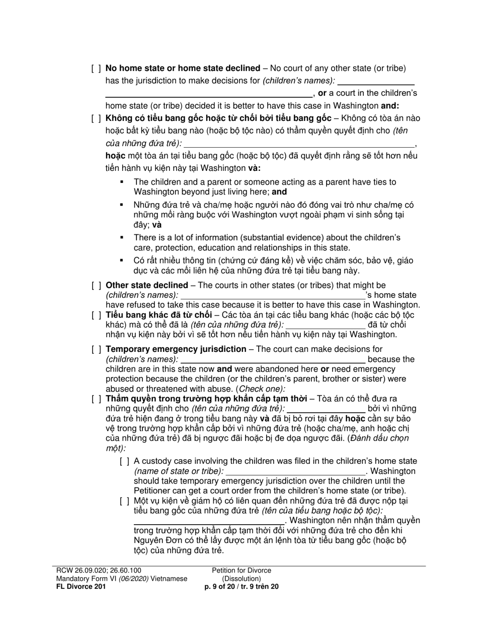 Form FL Divorce201 Petition for Divorce (Dissolution) - Washington (English / Vietnamese), Page 9