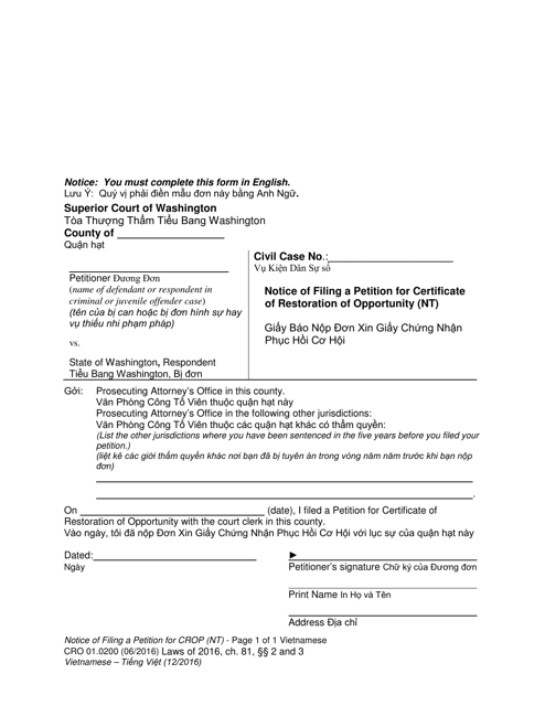 Form CRO01.0200 Notice of Filing a Petition for Certificate of Restoration of Opportunity (Nt) - Washington (English/Vietnamese)